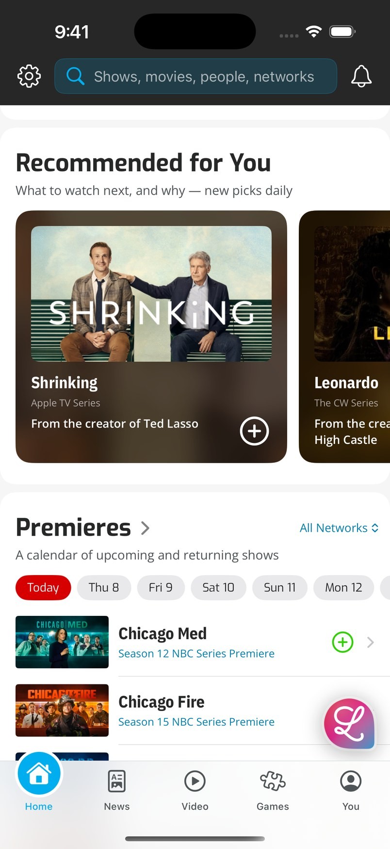 Recommended for You: Shrinking, from the creator of Ted Lasso, above the Premieres calendar