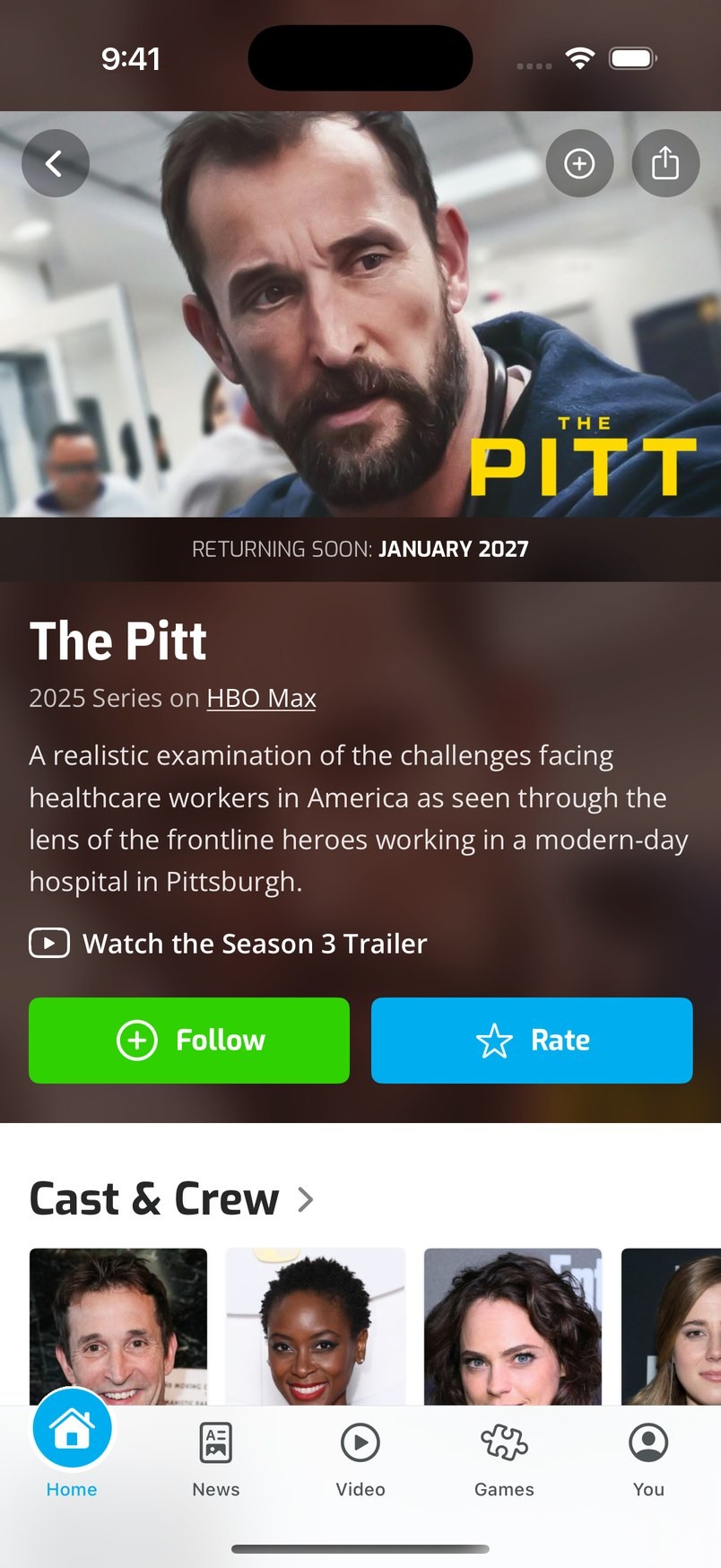 The Pitt show page: key art, when it returns, Follow and Rate, and the cast
