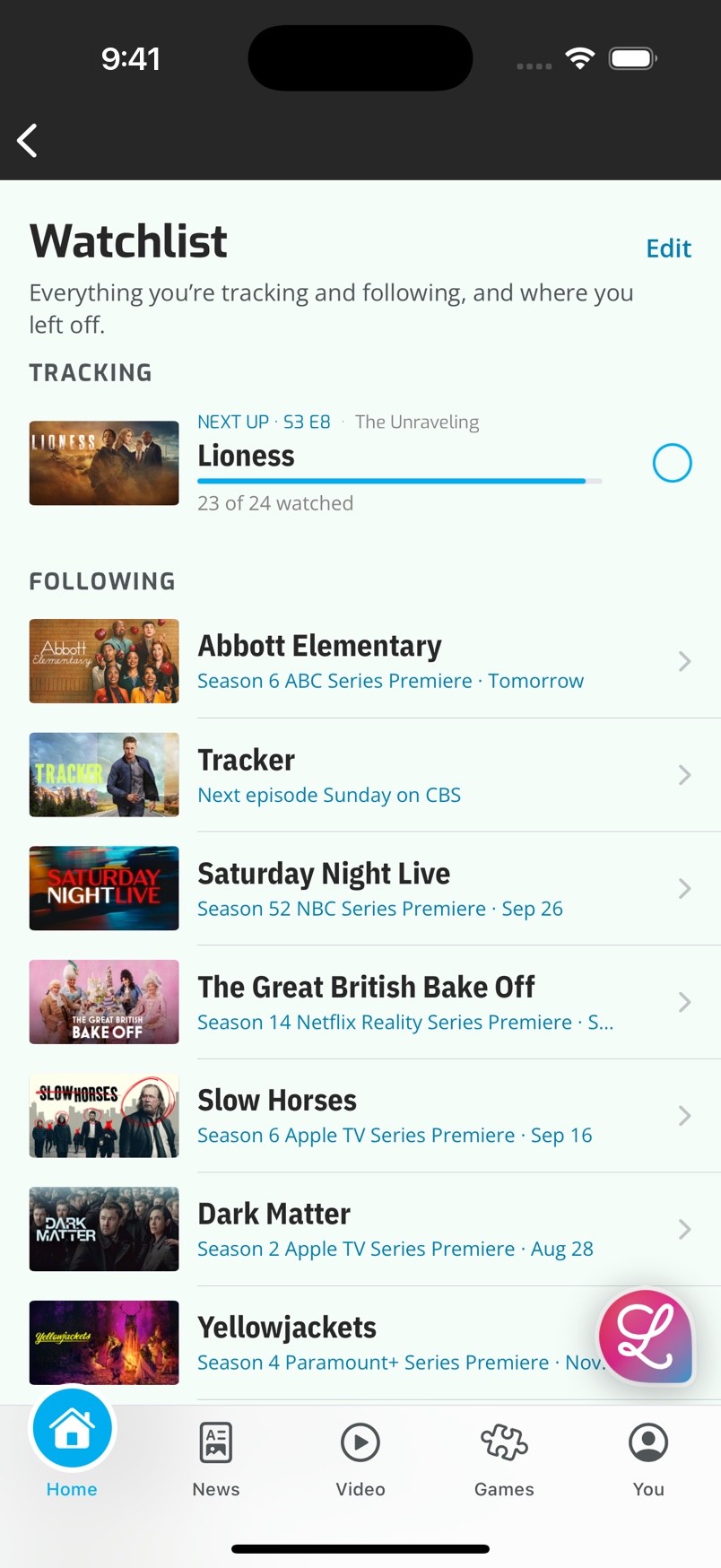 The watchlist, each show with its next date